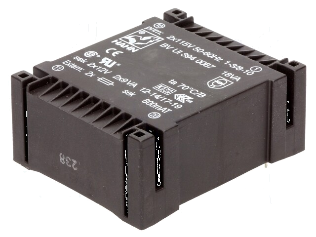 Transformator: ingegoten; 18VA; 115VACx2; 12V; 12V; 750mA; 750mA Transformator: ingegoten; 18VA; 115VACx2; 12V; 12V; 750mA; 750mA